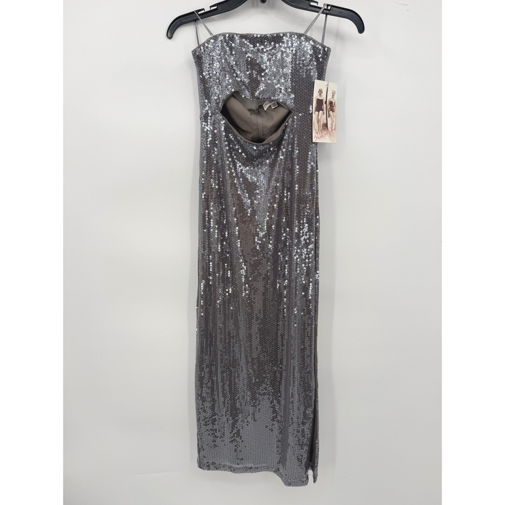 NWT Honey and Rosie Silver Sequin Cut-Out Midi Dress Womens M